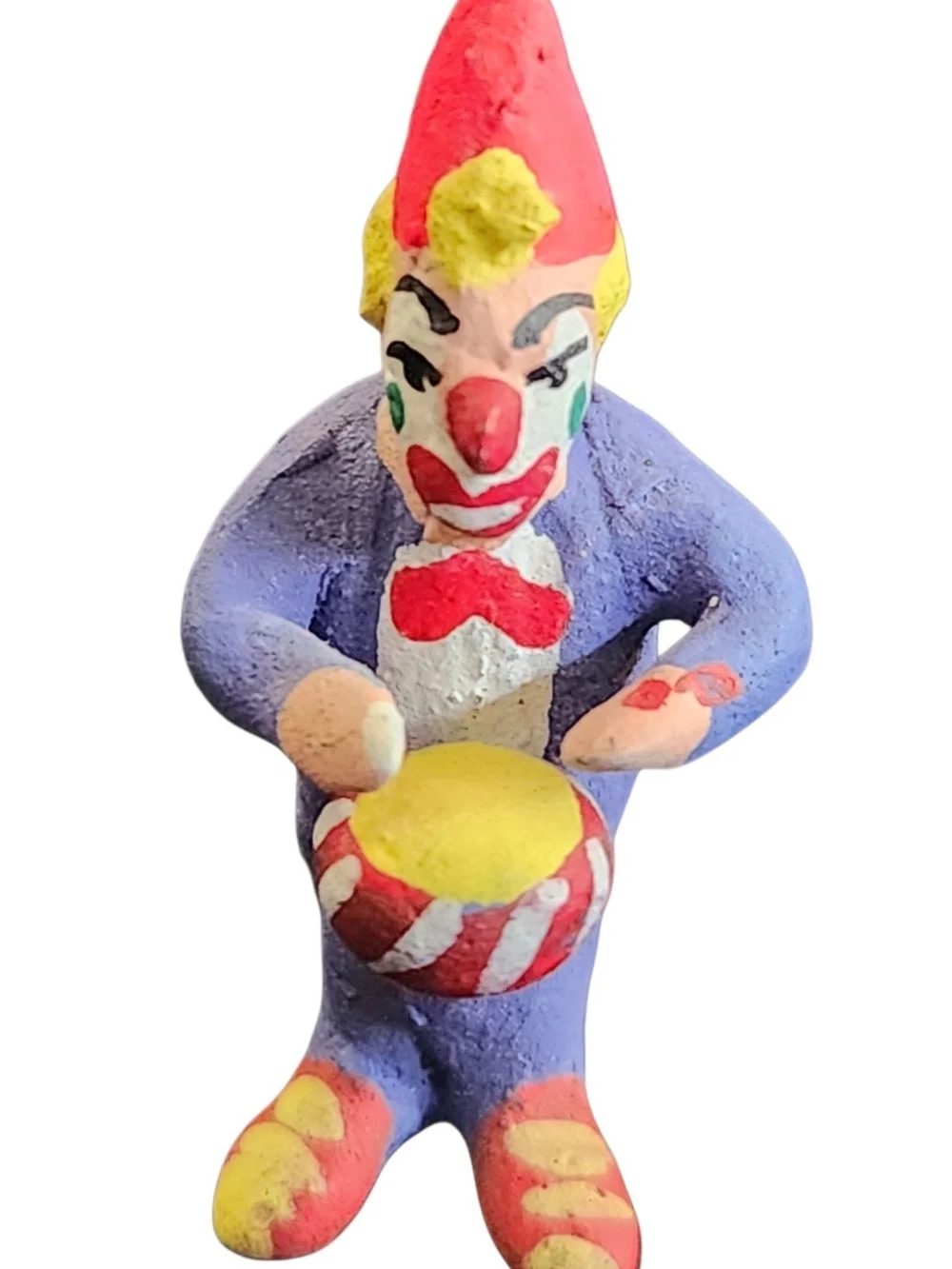 Vintage Folk Art Clay Hand-Painted Clown Figurine– Whimsical